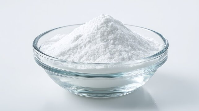 Creatine Monohydrate powder in a transparent laboratory style glass bowl, clean white background, modern medical journal advertisement look