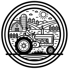 Farm Tractor with Agricultural Landscape Illustration
