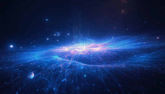 Glowing blue cosmic energy field with radiant center and floating particles