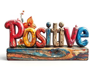 Whimsical, textured "POSITIVE" letters atop painted wood with floral accents against white backdrop, creating a colorful, uplifting art piece