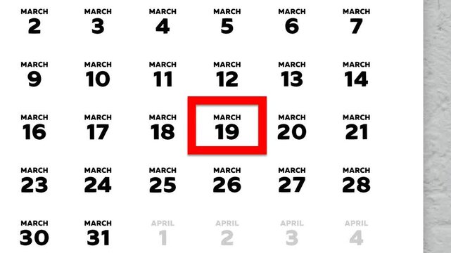 The date March 19th marked with a red cursor on the wall calendar 2026