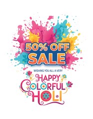 Obraz premium Colorful Holi sale banner with 50 percent discount and festive paint splashes