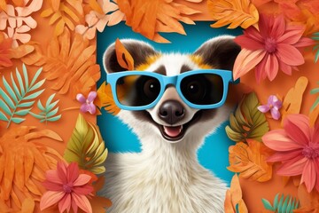 Fototapeta premium Happy lemur wearing blue sunglasses in a colorful tropical paper art setting