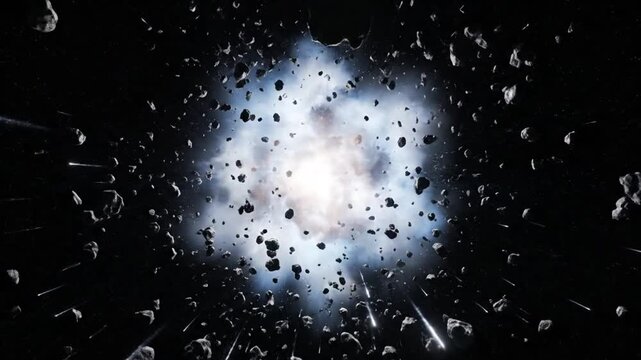 Dynamic explosion of scattered asteroids and space debris with bright light in the dark cosmic background, depicting a chaotic event in outer space.