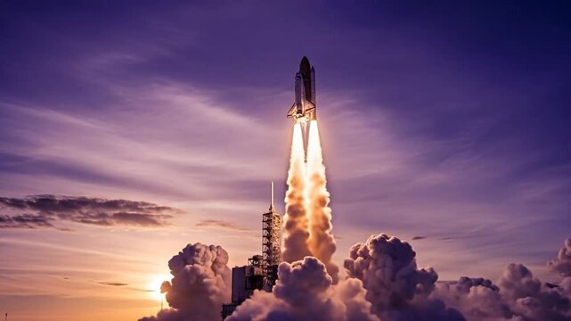Powerful space shuttle launch ascending into the sky with fiery exhaust against a dramatic purple and orange twilight sky, surrounded by clouds