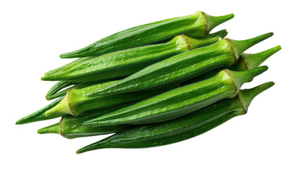 Fresh green okra pods isolated on transparent background organic vegetable healthy food ingredient cooking concept
