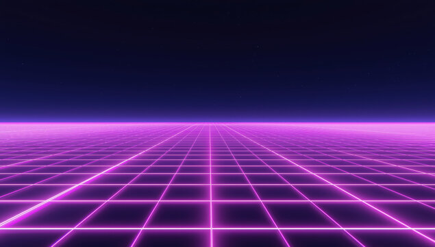 Neon grid horizon retro futuristic landscape purple glowing floor vanishing point perspective