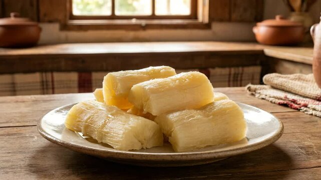 steaming white boiled cassava chunks on a ceramic plate video