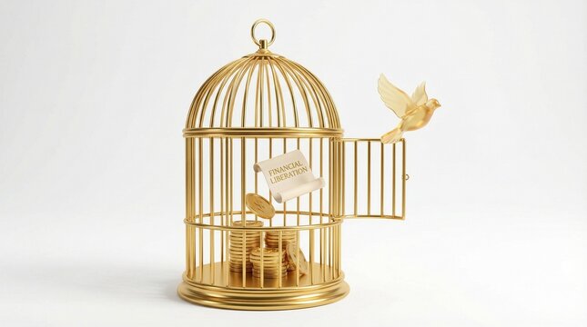 A symbolic golden bird takes flight from an open opulent cage brimming with gold coins, embodying the essence of financial freedom and breaking free from material possessions