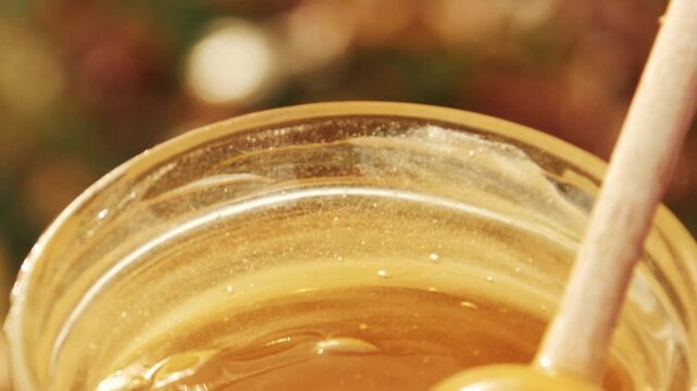 Close-up detailed view of a beekeeper's hand stirring creamy white rapeseed honey in a glass jar at the apiary, showcasing the smooth texture