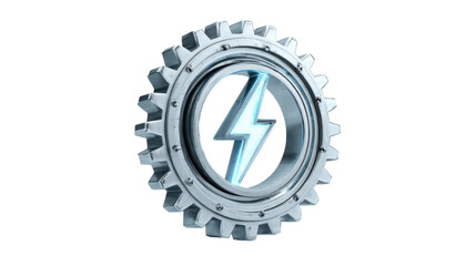 Metal gear with electric lightning bolt symbol isolated on transparent background industrial energy power technology engineering concept icon