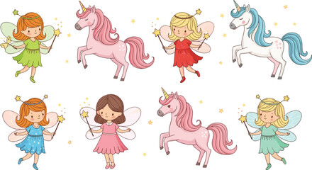 Cute fairies and unicorns cartoon fantasy characters vector illustration isolated background © KP Studio