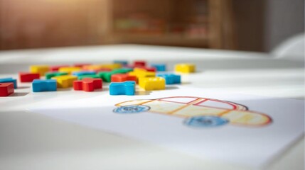 Child's drawing of a car on white paper with colorful wooden blocks on a desk, concept of kids creativity and education 