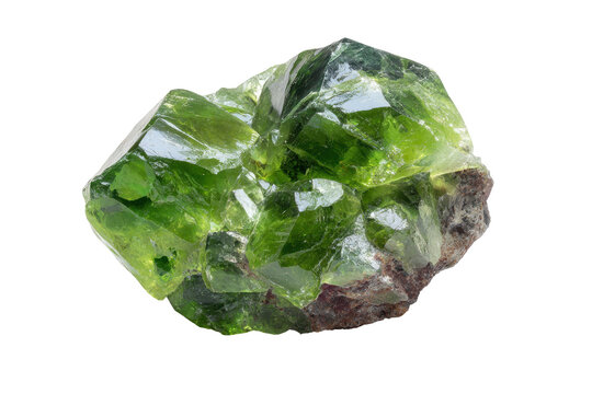 Raw green peridot gemstone isolated on transparent background. Vibrant green crystalline mineral cluster geological find isolated on white background.