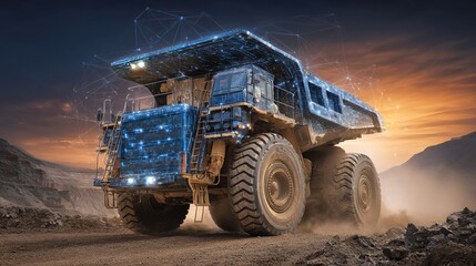Obraz premium Futuristic heavy mining truck at a quarry sunset