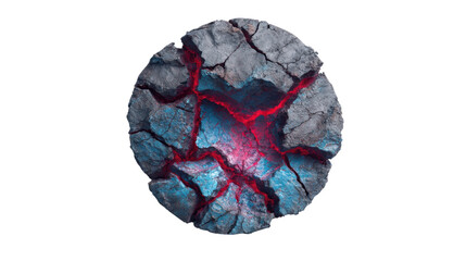 Cracked lava stone sphere with glowing red magma fractures isolated on transparent background volcanic energy power abstract concept