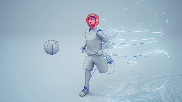 Conceptual 3D illustration of a basketball player dunking motion design