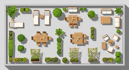 Top-down view of outdoor furniture arrangement with greenery and landscaping. © Toknah