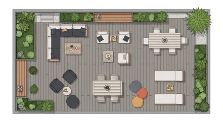 Fototapeta premium Top-down view of a modern outdoor patio with various furniture and plants.