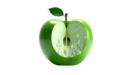 Shiny, green apple with a bite taken out, revealing the textured core against black