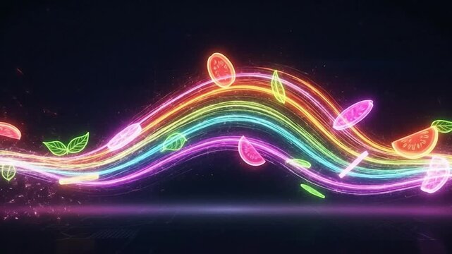 Vibrant neon rainbow wave with musical notes and colorful fruit slices flowing dynamically on a dark abstract background, symbolizing creativity and sensory harmony.