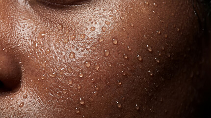 Fototapeta premium Close-up of skin with water droplets creating a fresh look. Setting emphasizes hydration and skin health. Concept of skincare, beauty, wellness
