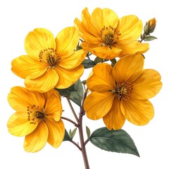 Watercolor of bright yellow flowers, with green foliage on a twig, set against a white background