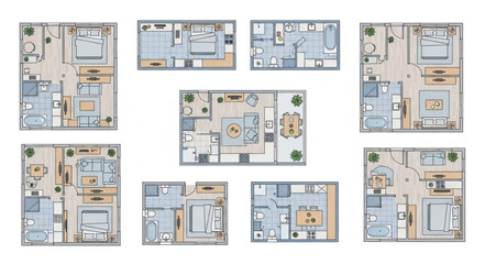 Detailed architectural floor plans showcasing various residential apartment layouts and designs.