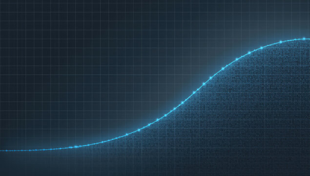 Glowing blue data curve rising over dark grid background, futuristic analytic visualization