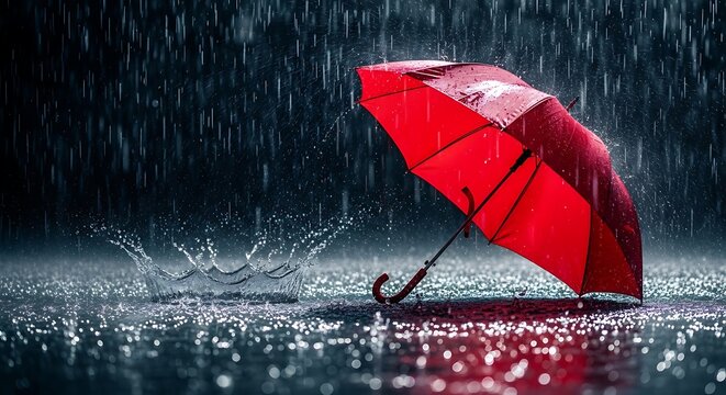 Red umbrella standing alone in heavy rain storm