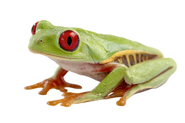 Vibrant green red eyed tree frog isolated on transparent background. Tropical red-eyed tree frog with vibrant green skin isolated on white background.