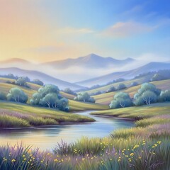 Obraz premium Beautiful rolling hills and a winding river bathed in the soft, warm light of a hazy sunrise, with gentle mist rolling over the landscape