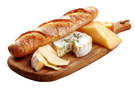 Charcuterie-style cheese board with baguette isolated on transparent background
