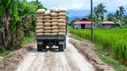Obraz premium Truck transporting rice sacks on rural dirt road in asian countryside with lush greenery
