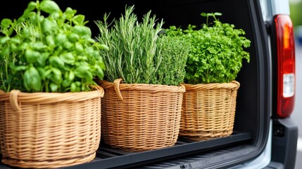 Naklejka premium Herb baskets in car trunk with fresh basil, rosemary, and parsley in woven planters