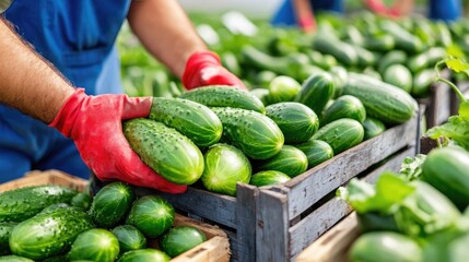 Caucasian male arranging fresh green cucumbers in wooden crates at market