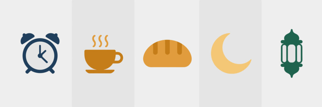 Minimalist Suhoor icon sheet with blue and gold &ndash; Perfect for mobile apps, website banners, or cultural education.