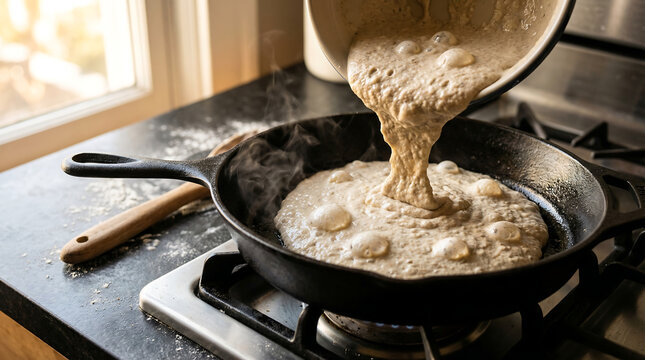 Sourdough Discard Pancake Batter Cooking In Skillet