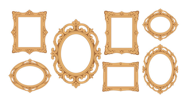 Vintage Picture Frames Set, Antique Baroque Wall Art Gallery Borders and Retro Museum Baguette Decorations for Paintings, Flat Vector Illustration Isolated on White Background