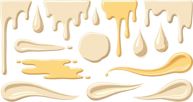Cream Honey and Caramel Drip Splash Collection with Sweet Dessert Sauce Drops and Glossy Liquid Smears Flat Vector Illustration Set Police Stop