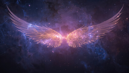 Glowing angel wing pair in purple cosmic nebula, ethereal light and sparkles