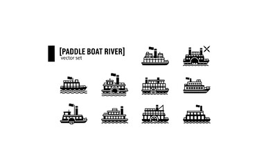 Fototapeta premium Paddle Boat River Vector Set - Black Silhouette Illustrations, Riverboat Graphics, Paddle Boat Icons, Water Recreation Design Elements