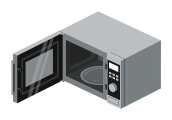 Obraz premium An open gray microwave oven with a digital display and control panel on a white background viewed from the front