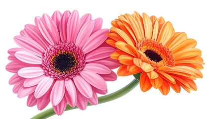 Two vibrant gerbera daisies, one pink and one orange, share a single green stem