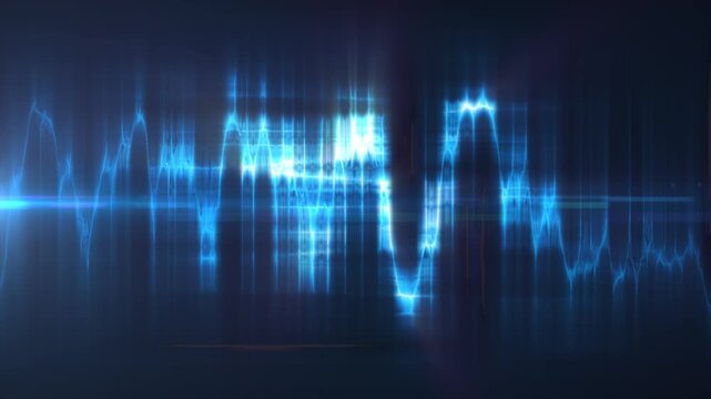 Abstract blue glowing waveform with layered light patterns, representing digital sound analysis, data flow, and electronic signals