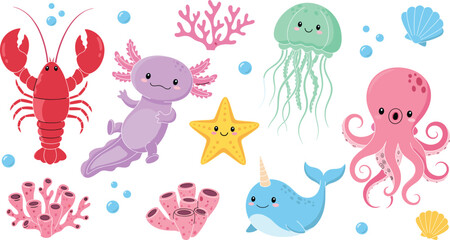 Cute Cartoon Sea Animals Collection with Jellyfish Octopus and Starfish Vector Illustration © MDSelim