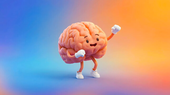 Playful cartoon brain character waving and dancing on a vibrant gradient background