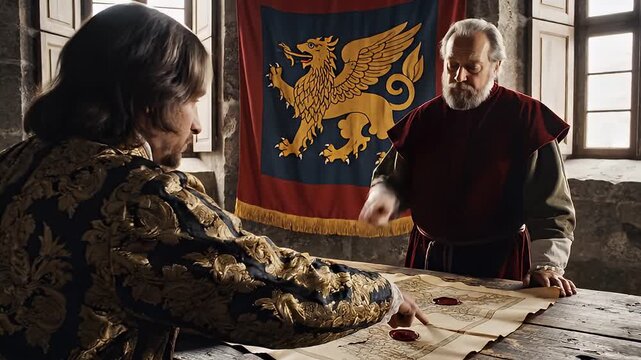 Medieval Men Discussing Map in Castle.