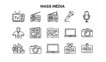 Fototapeta premium Mass Media Icon Set Vector in Minimalist Line Style with Journalism and Broadcasting Symbols