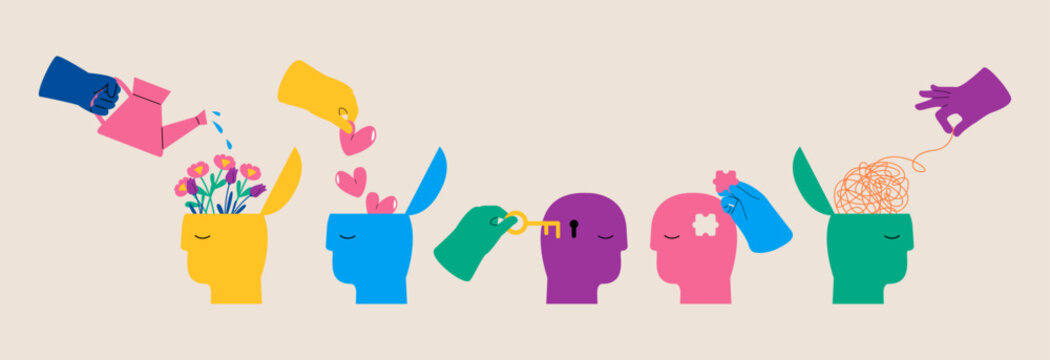 Set of mental health concept, psycho therapy. Colorful vector illustration